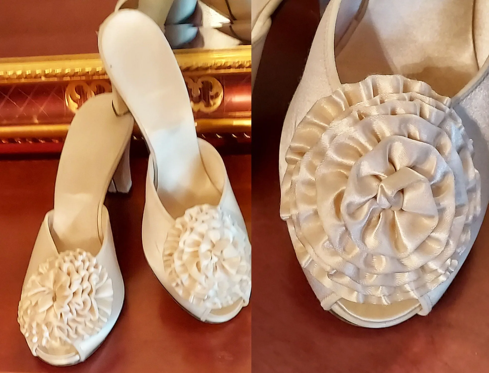*  VINTAGE DANIEL GREEN IVORY SATIN POM POM HIGH HEEL BEDROOM SLIPPERS MADE IN THE USA