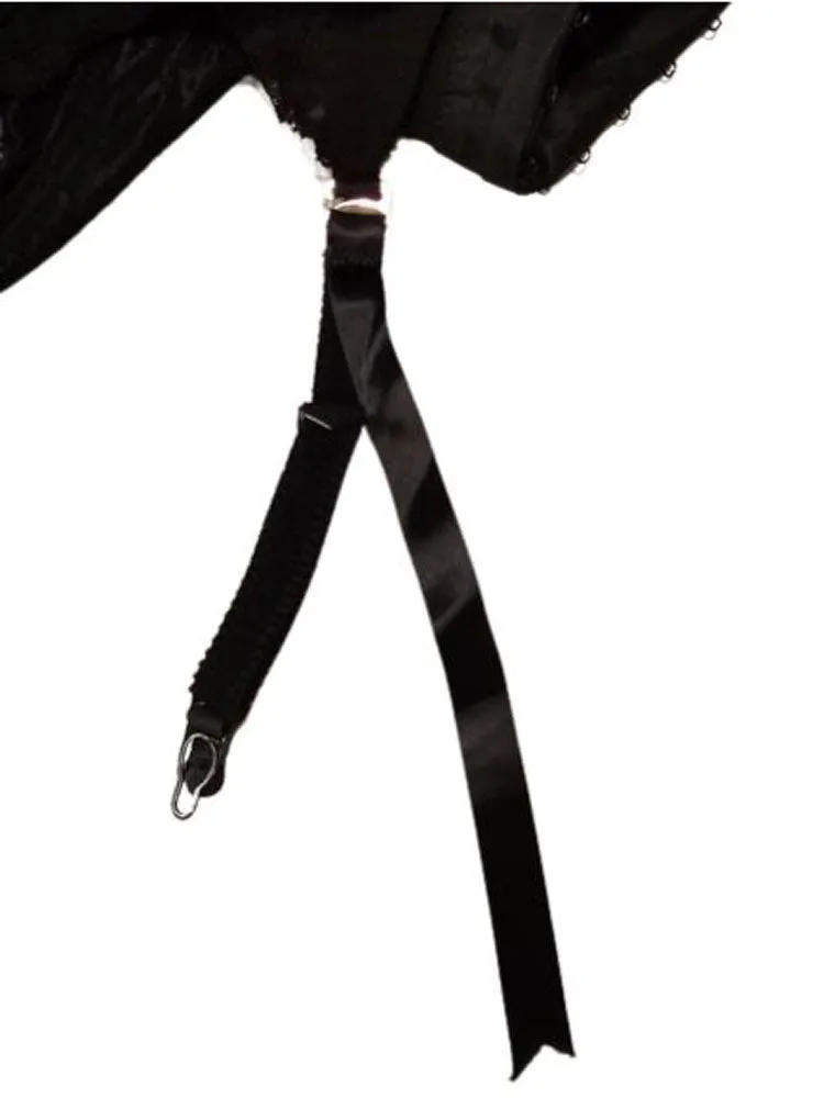 *  VINTAGE NEVER WORN ILLUSION I OWE IT ALL TO THE GODDESS BLACK LACE MERRY WIDOW BUSTIER W METAL GARTERS 40 C