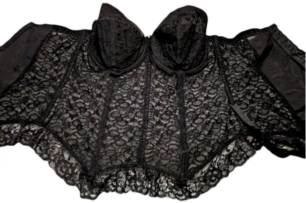 *  VINTAGE NEVER WORN ILLUSION I OWE IT ALL TO THE GODDESS BLACK LACE MERRY WIDOW BUSTIER W METAL GARTERS 40 C
