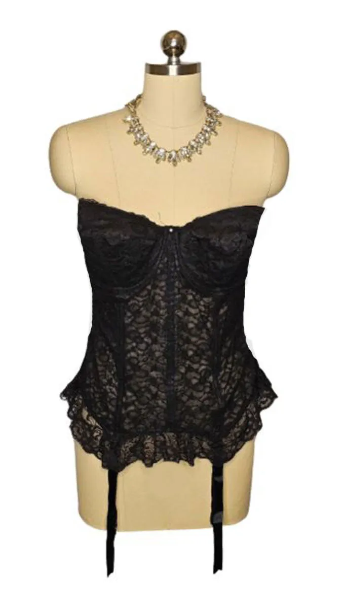 *  VINTAGE NEVER WORN ILLUSION I OWE IT ALL TO THE GODDESS BLACK LACE MERRY WIDOW BUSTIER W METAL GARTERS 40 C