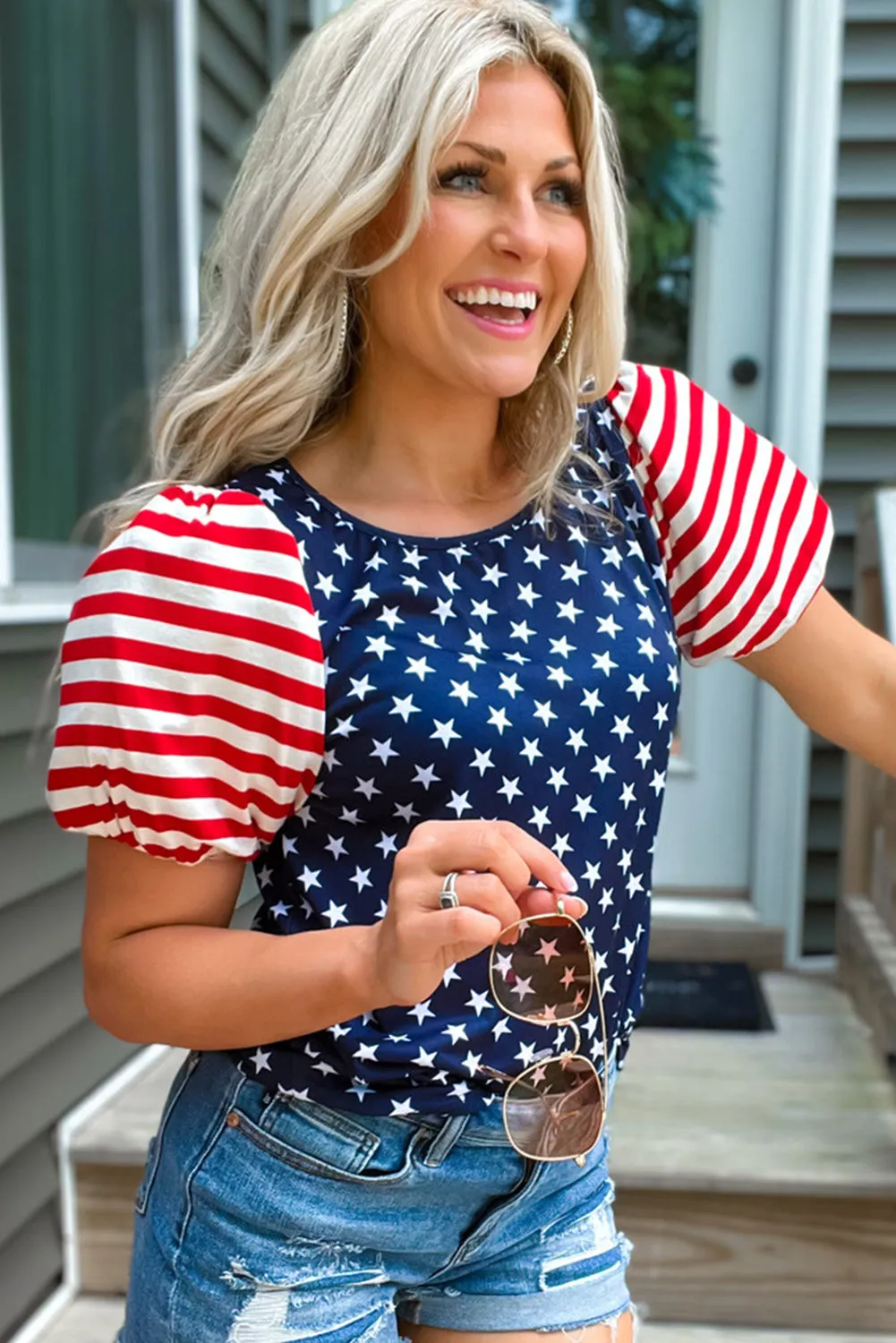 4th Of July Stars Stripes Puff Sleeve T Shirt