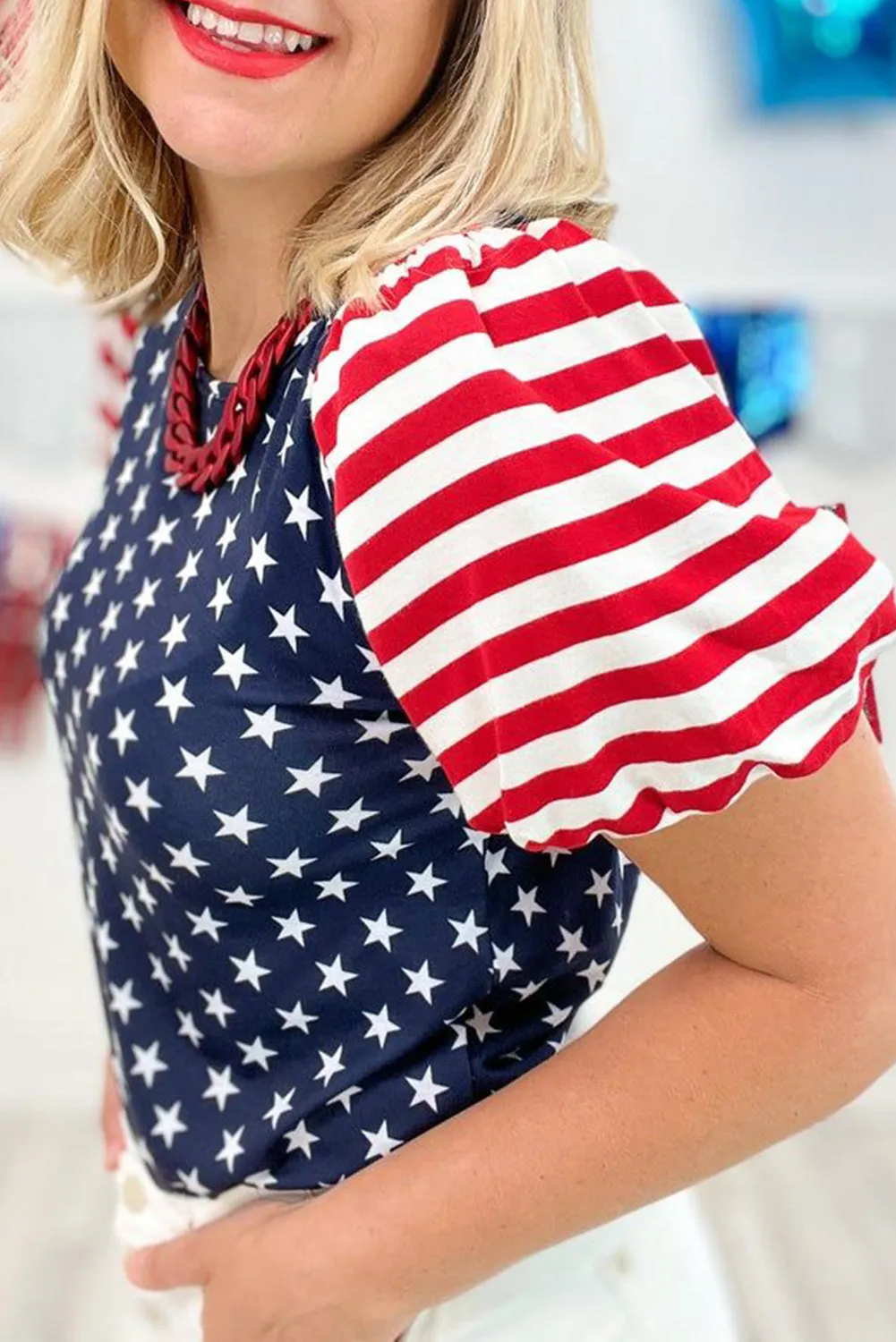 4th Of July Stars Stripes Puff Sleeve T Shirt
