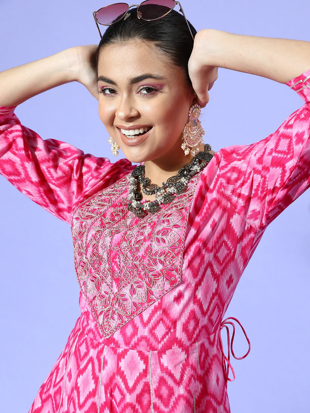 Abstract Pink Print Long Dress With Work