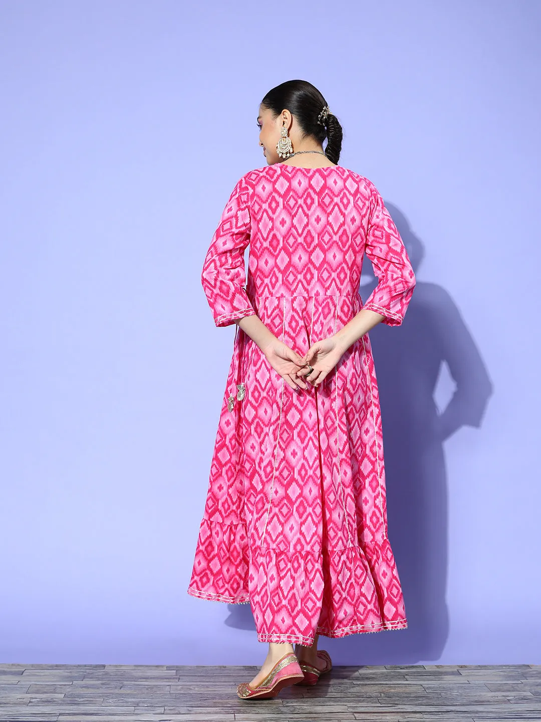 Abstract Pink Print Long Dress With Work