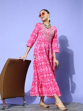 Abstract Pink Print Long Dress With Work