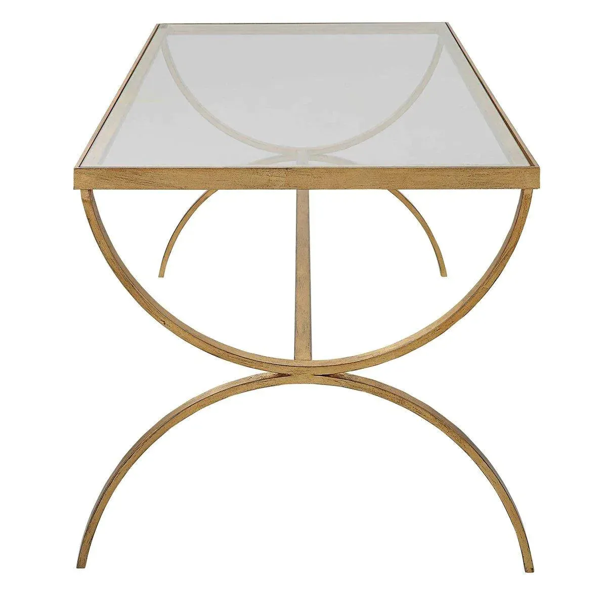 Antiqued Gold Forged Iron Coffee Table With Tempered Glass