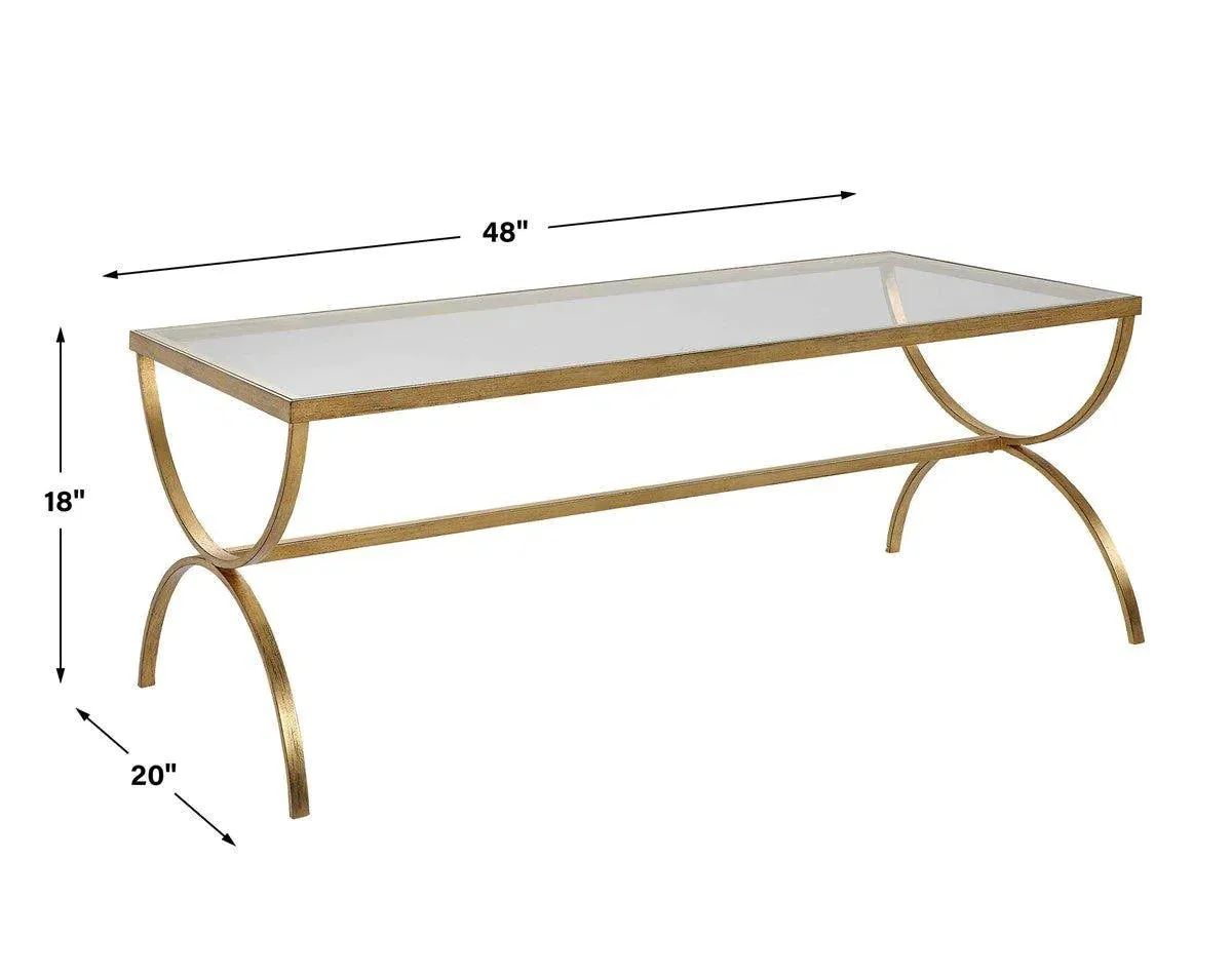 Antiqued Gold Forged Iron Coffee Table With Tempered Glass