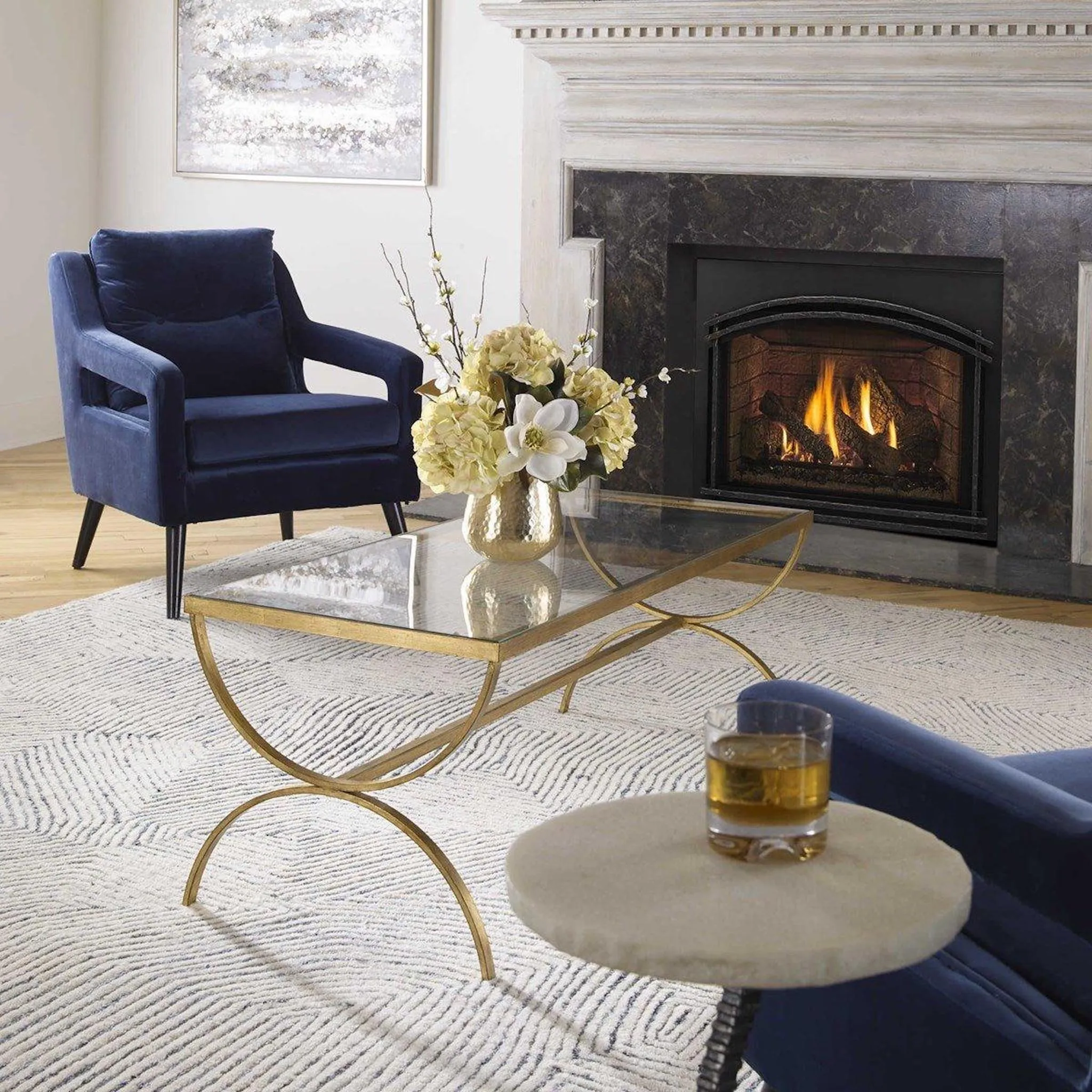 Antiqued Gold Forged Iron Coffee Table With Tempered Glass