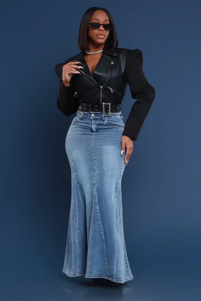 Anything Else Flared Denim Maxi Skirt - Medium Wash