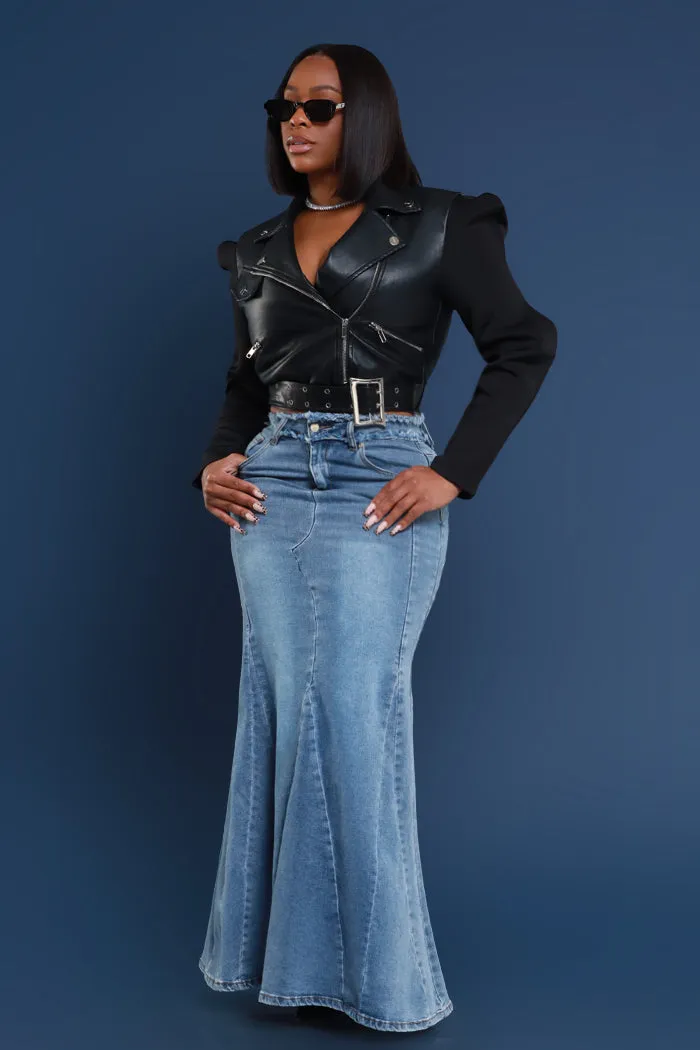 Anything Else Flared Denim Maxi Skirt - Medium Wash