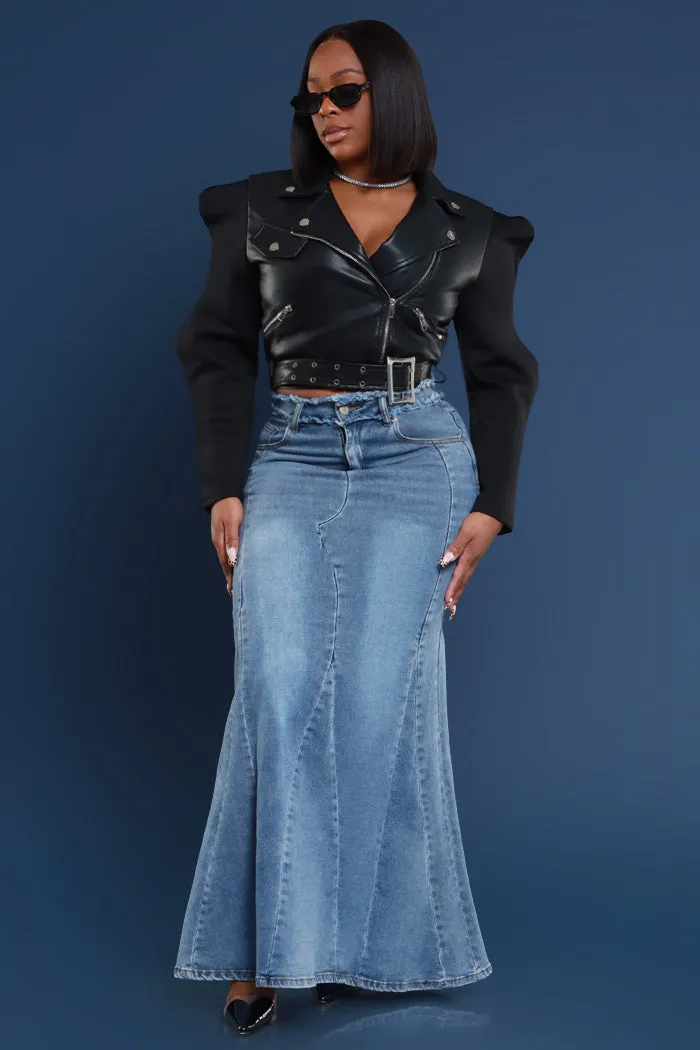 Anything Else Flared Denim Maxi Skirt - Medium Wash