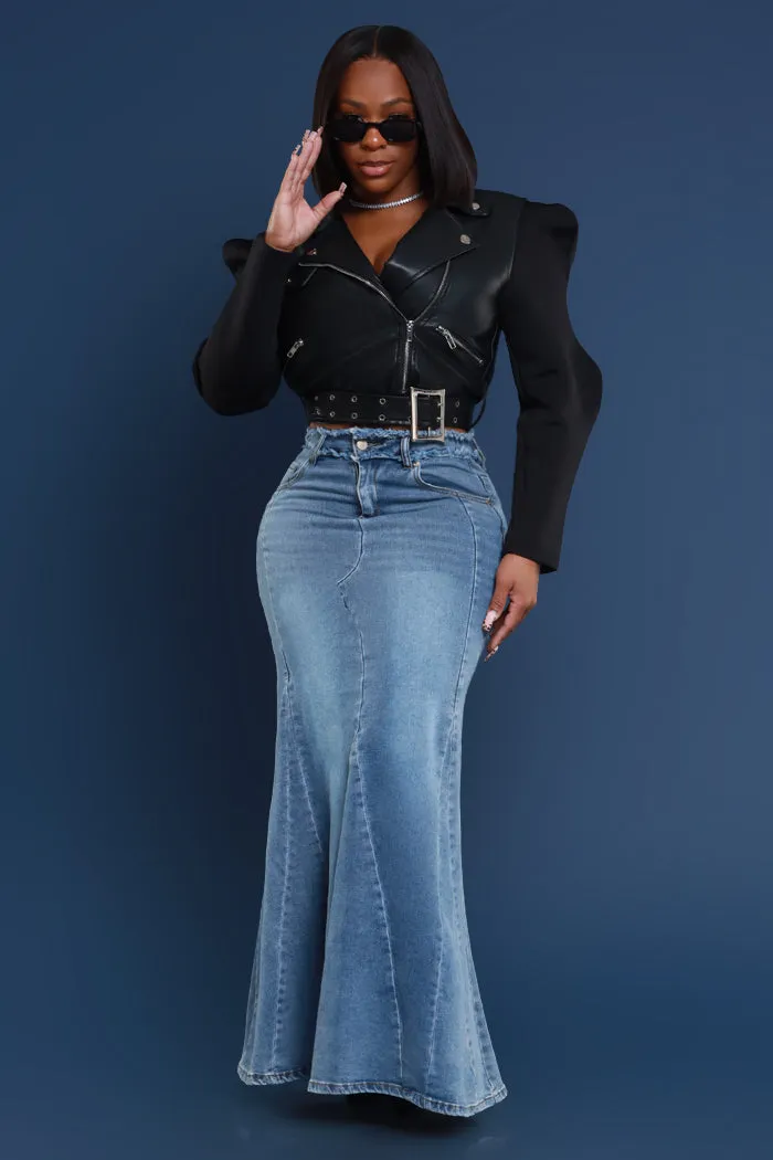 Anything Else Flared Denim Maxi Skirt - Medium Wash