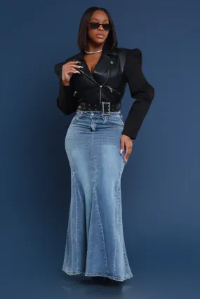 Anything Else Flared Denim Maxi Skirt - Medium Wash