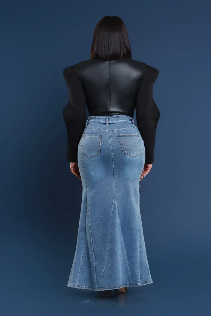 Anything Else Flared Denim Maxi Skirt - Medium Wash