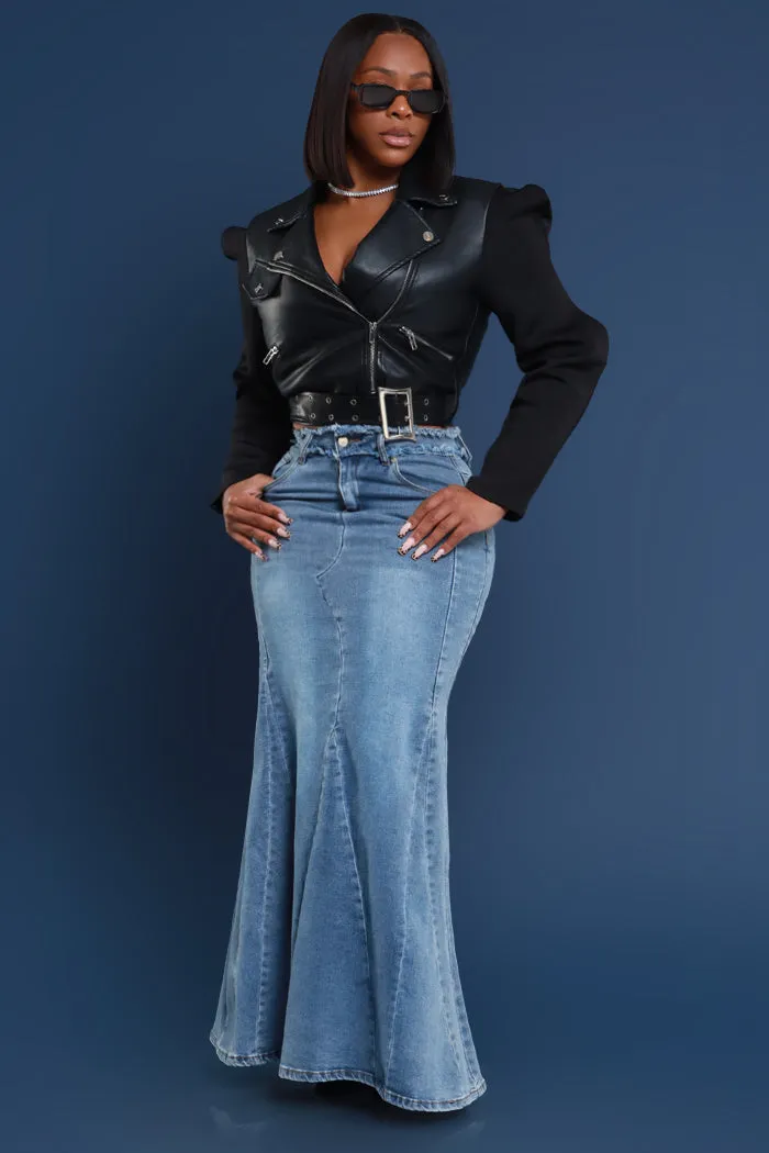 Anything Else Flared Denim Maxi Skirt - Medium Wash
