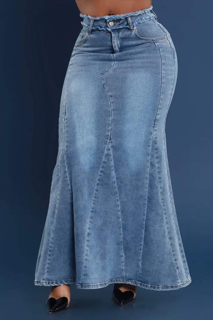 Anything Else Flared Denim Maxi Skirt - Medium Wash