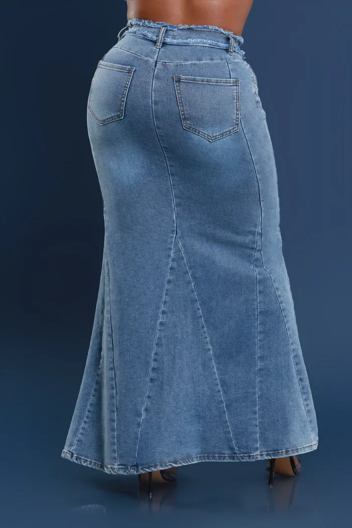 Anything Else Flared Denim Maxi Skirt - Medium Wash