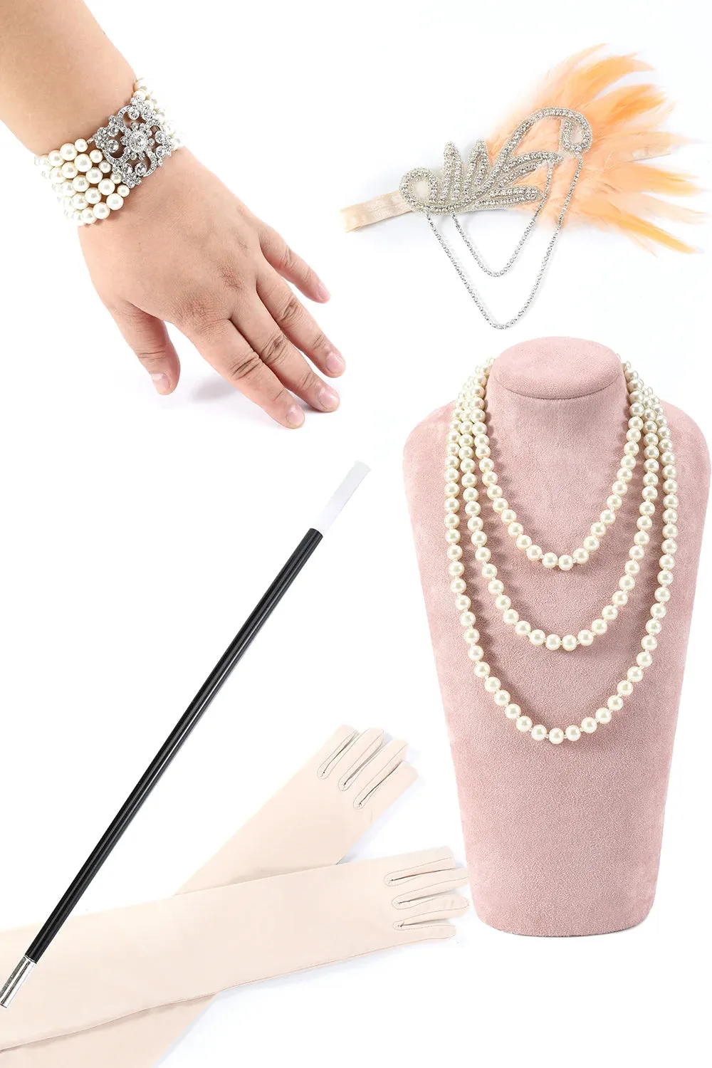 Apricot Fringed 1920s Gatsby Dress with Sequins with 20s Accessories Set