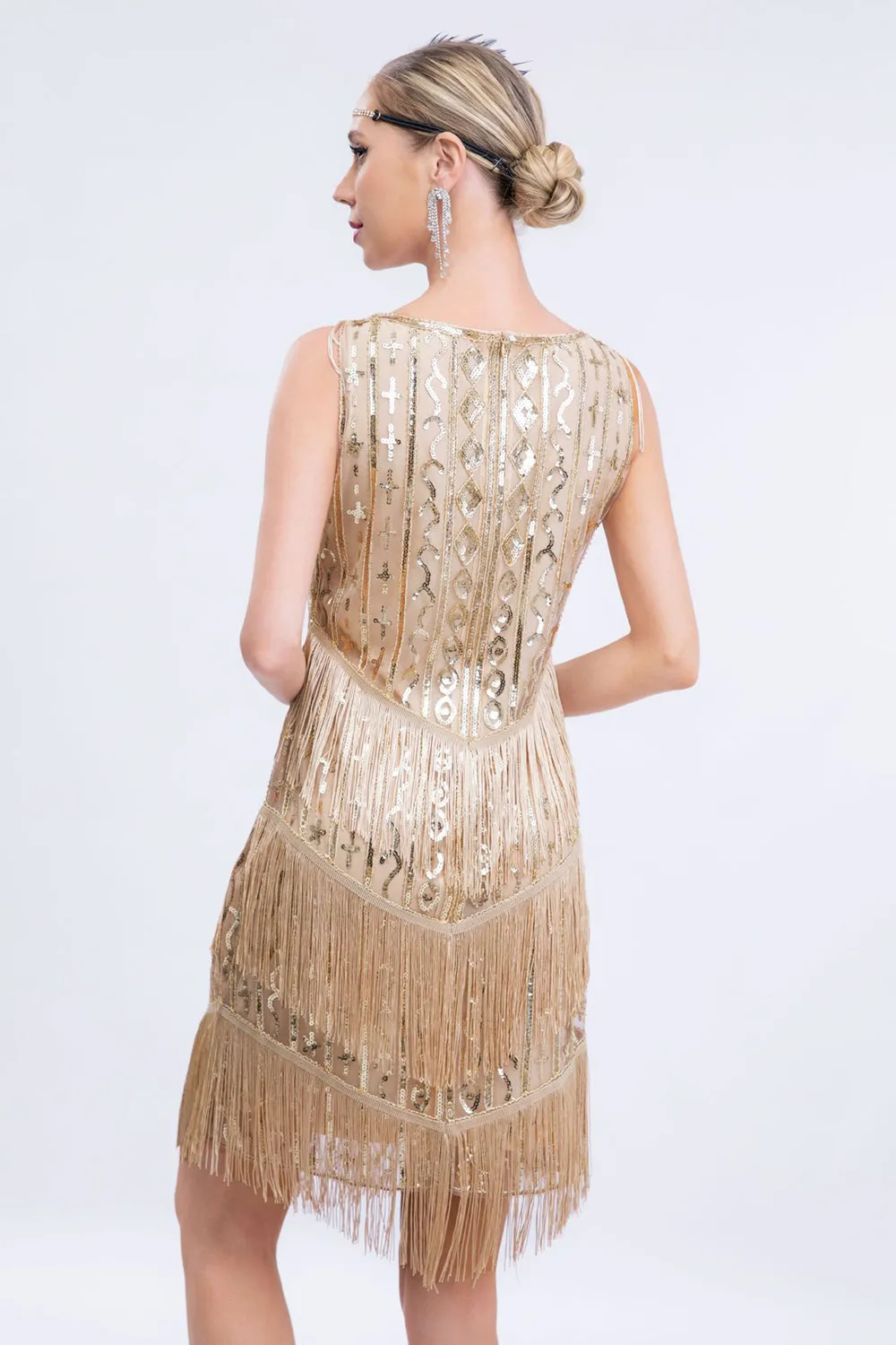 Apricot Fringed 1920s Gatsby Dress with Sequins with 20s Accessories Set
