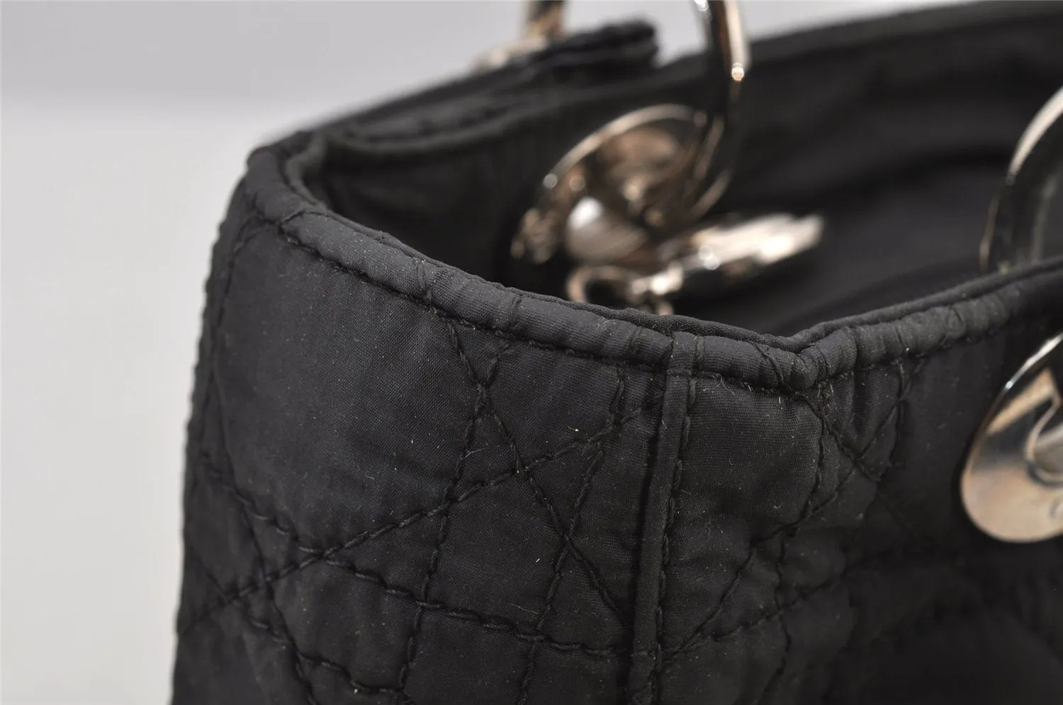 Auth Christian Dior Lady Dior Nylon Leather Cannage 2Way Hand Bag Black 5904J