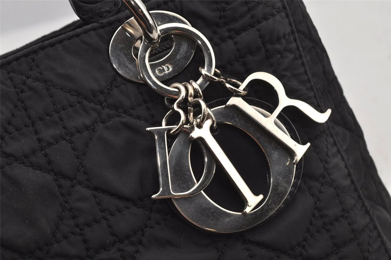 Auth Christian Dior Lady Dior Nylon Leather Cannage 2Way Hand Bag Black 5904J