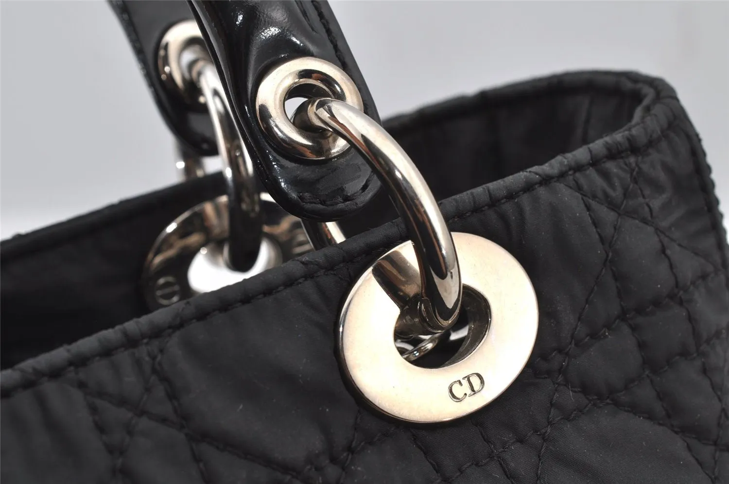 Auth Christian Dior Lady Dior Nylon Leather Cannage 2Way Hand Bag Black 5904J