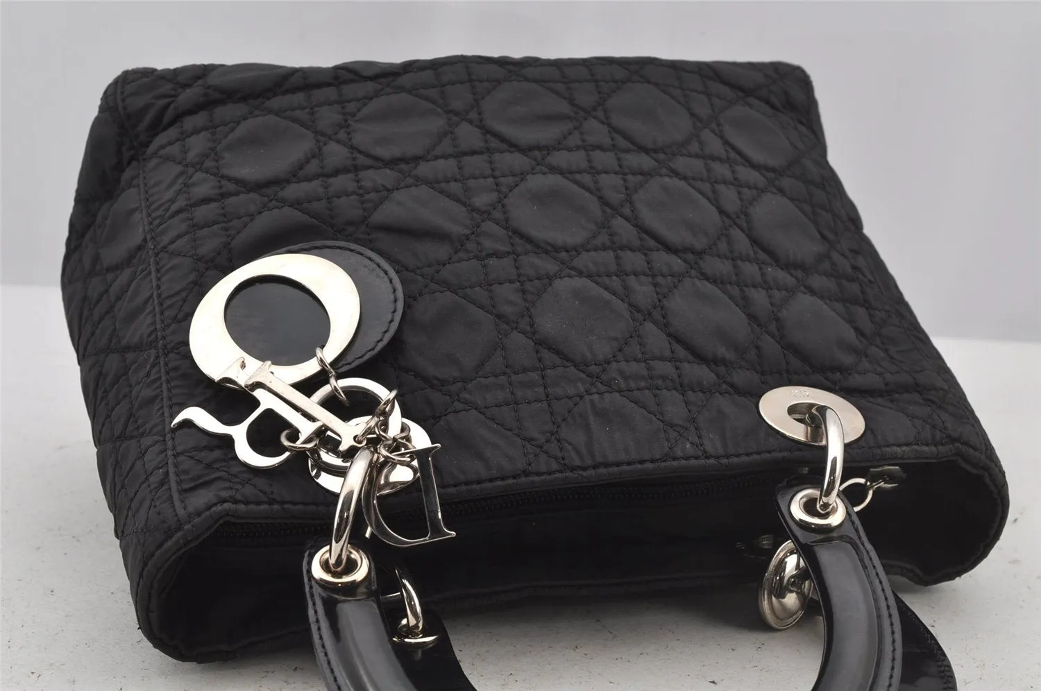 Auth Christian Dior Lady Dior Nylon Leather Cannage 2Way Hand Bag Black 5904J
