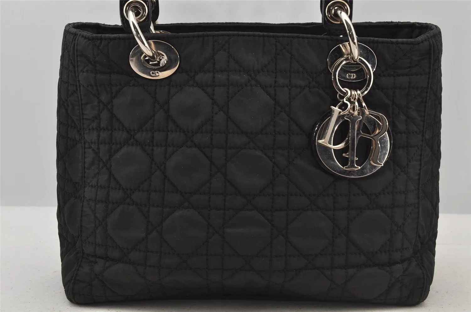 Auth Christian Dior Lady Dior Nylon Leather Cannage 2Way Hand Bag Black 5904J
