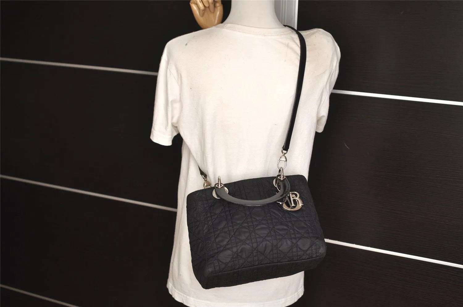 Auth Christian Dior Lady Dior Nylon Leather Cannage 2Way Hand Bag Black 5904J
