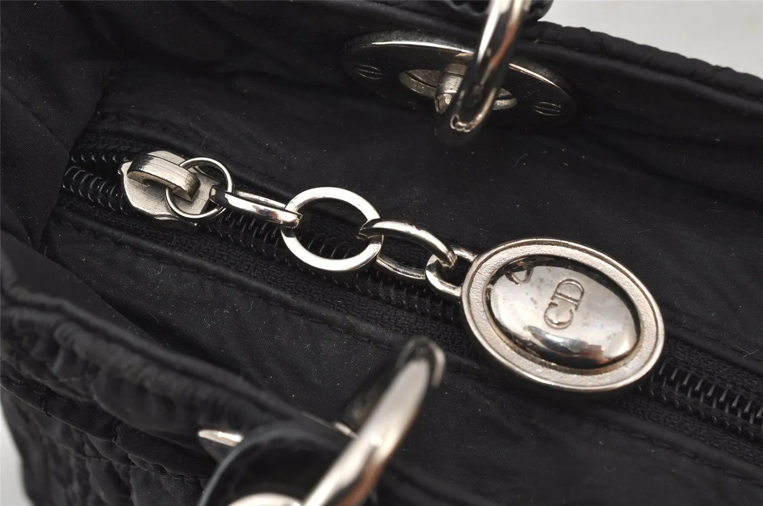 Auth Christian Dior Lady Dior Nylon Leather Cannage 2Way Hand Bag Black 5904J