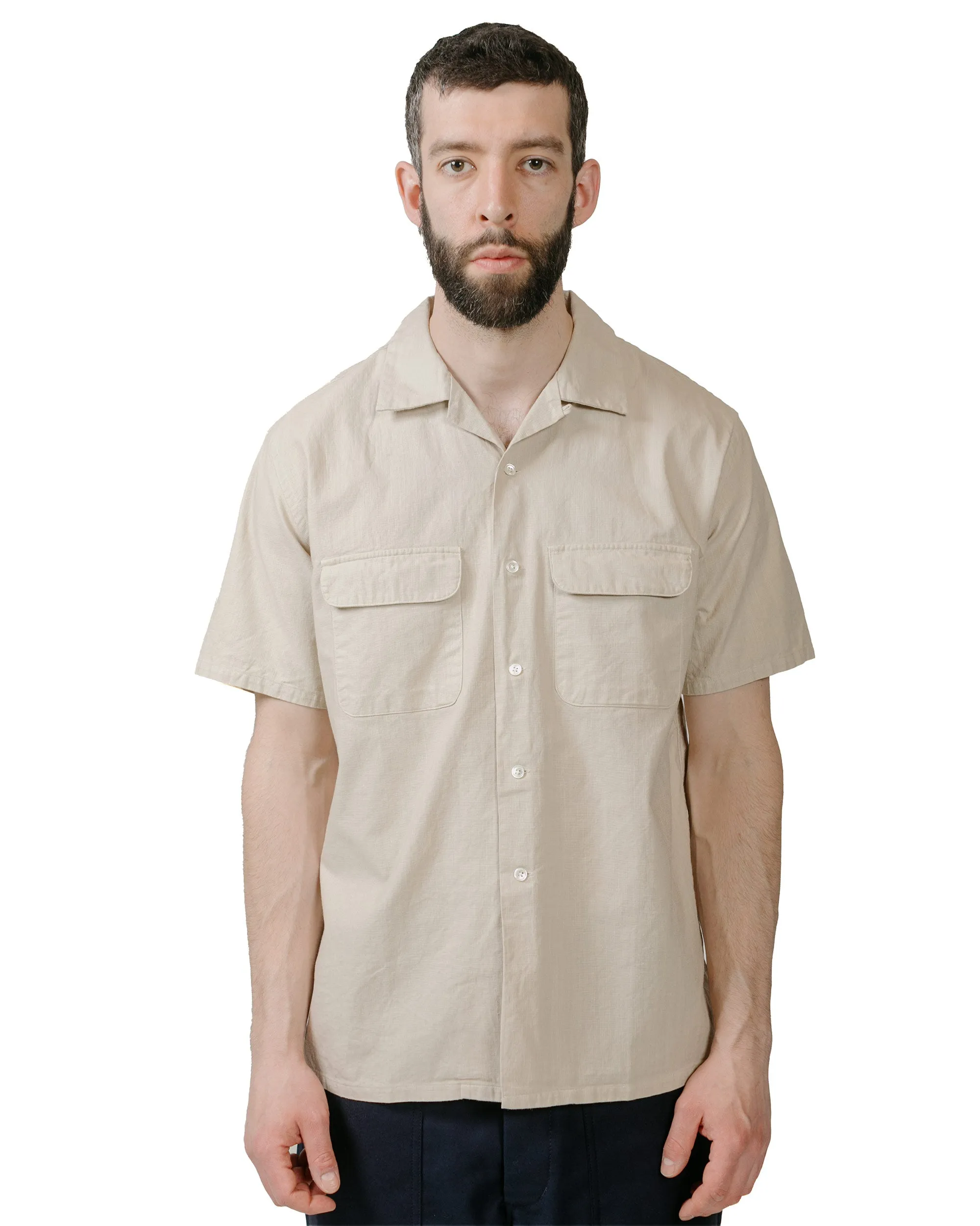 Beams Plus Open Collar Cotton Linen Panama Garment Dye Sand