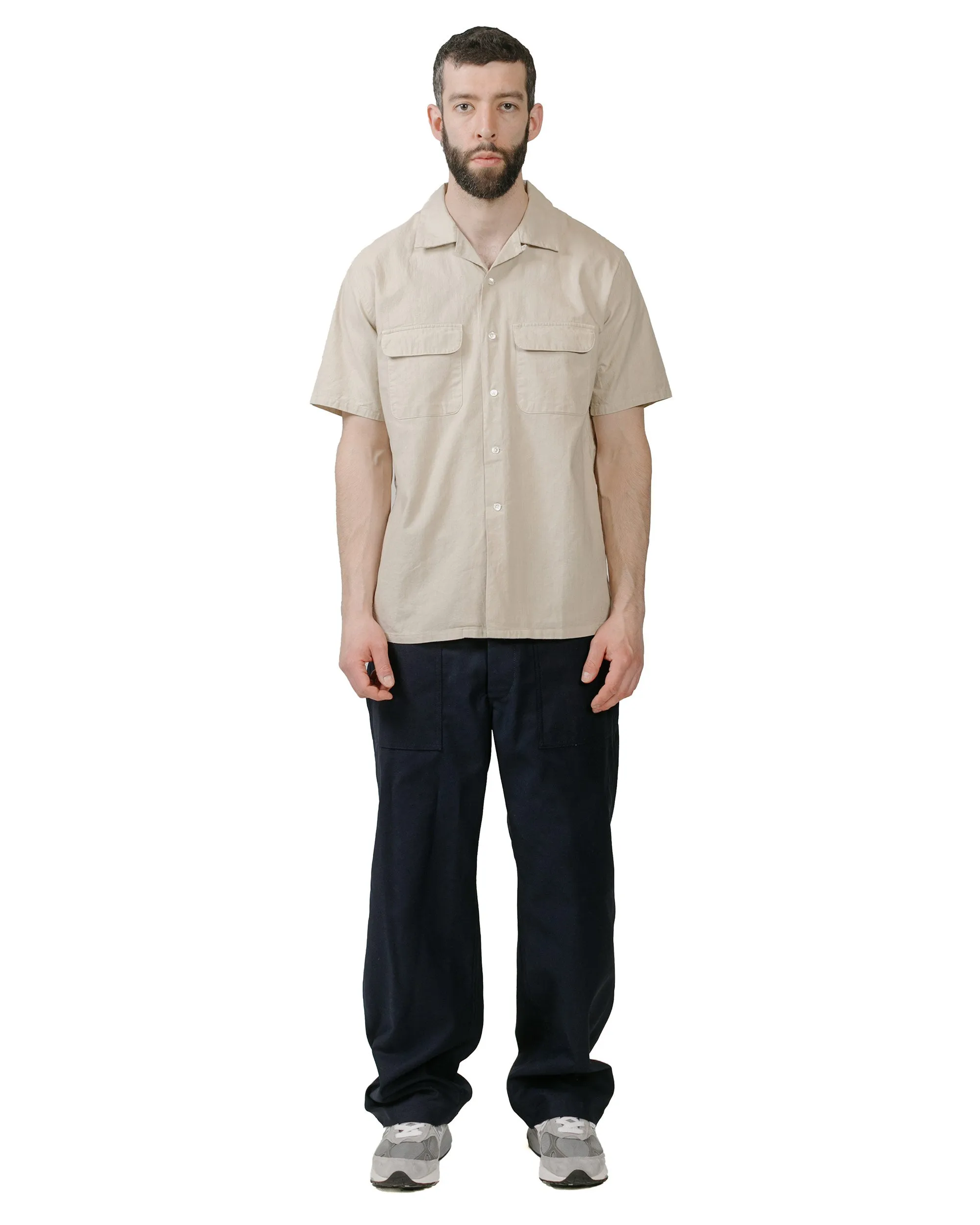 Beams Plus Open Collar Cotton Linen Panama Garment Dye Sand