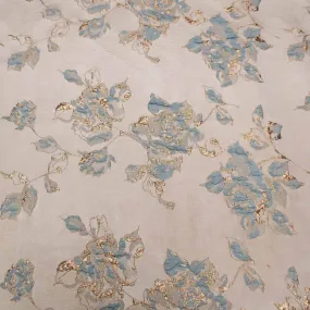 Beige And Blue Floral Textured Brocade Fabric