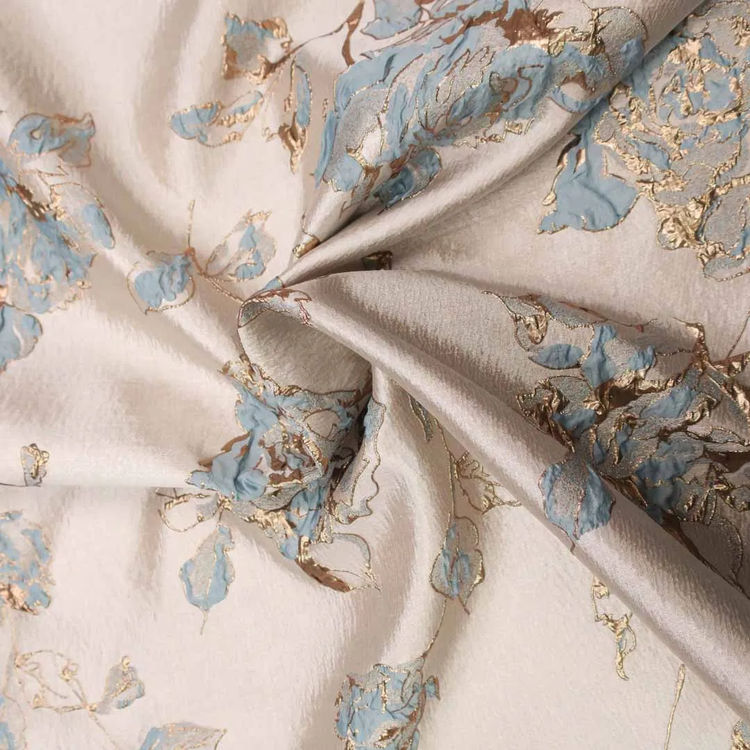 Beige And Blue Floral Textured Brocade Fabric