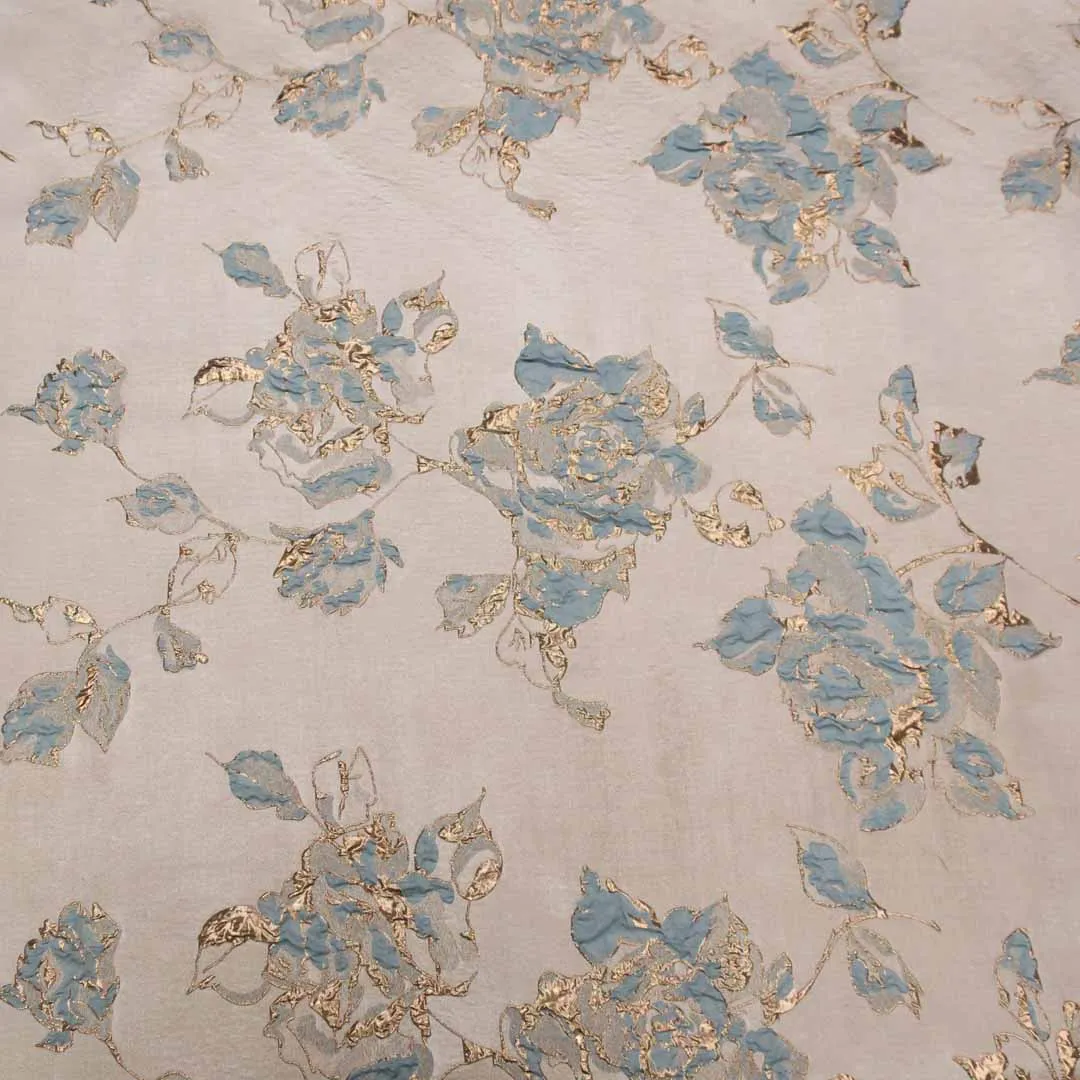 Beige And Blue Floral Textured Brocade Fabric
