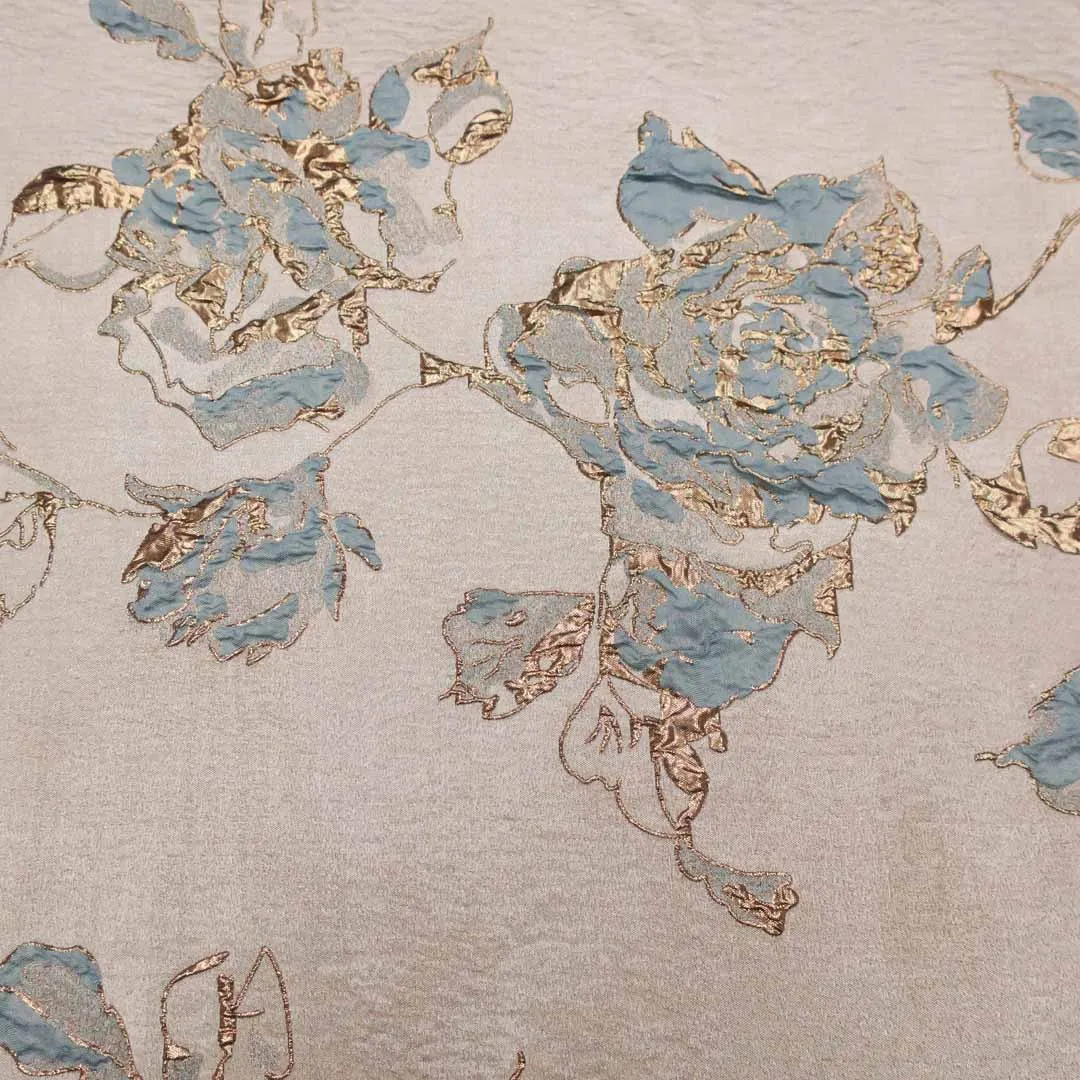 Beige And Blue Floral Textured Brocade Fabric