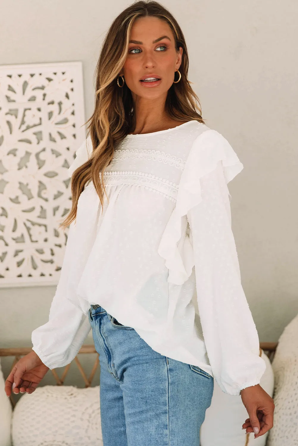 Black Lace Eyelet Ruffle Shoulder Long Sleeve Blouse