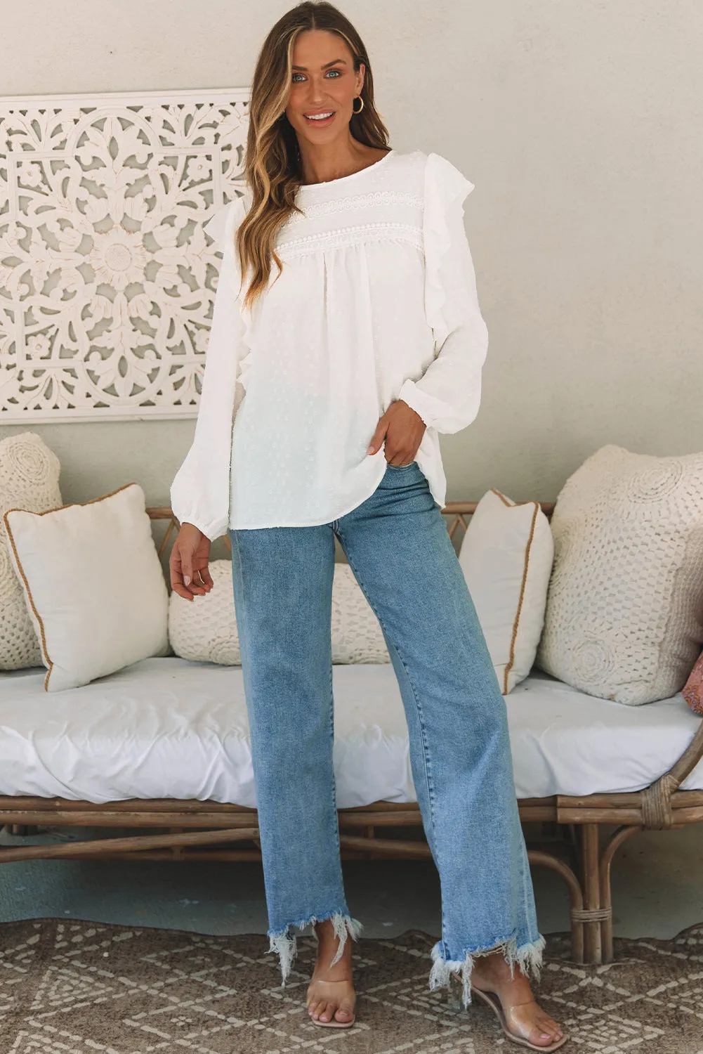 Black Lace Eyelet Ruffle Shoulder Long Sleeve Blouse