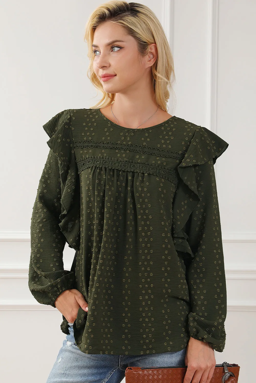Black Lace Eyelet Ruffle Shoulder Long Sleeve Blouse