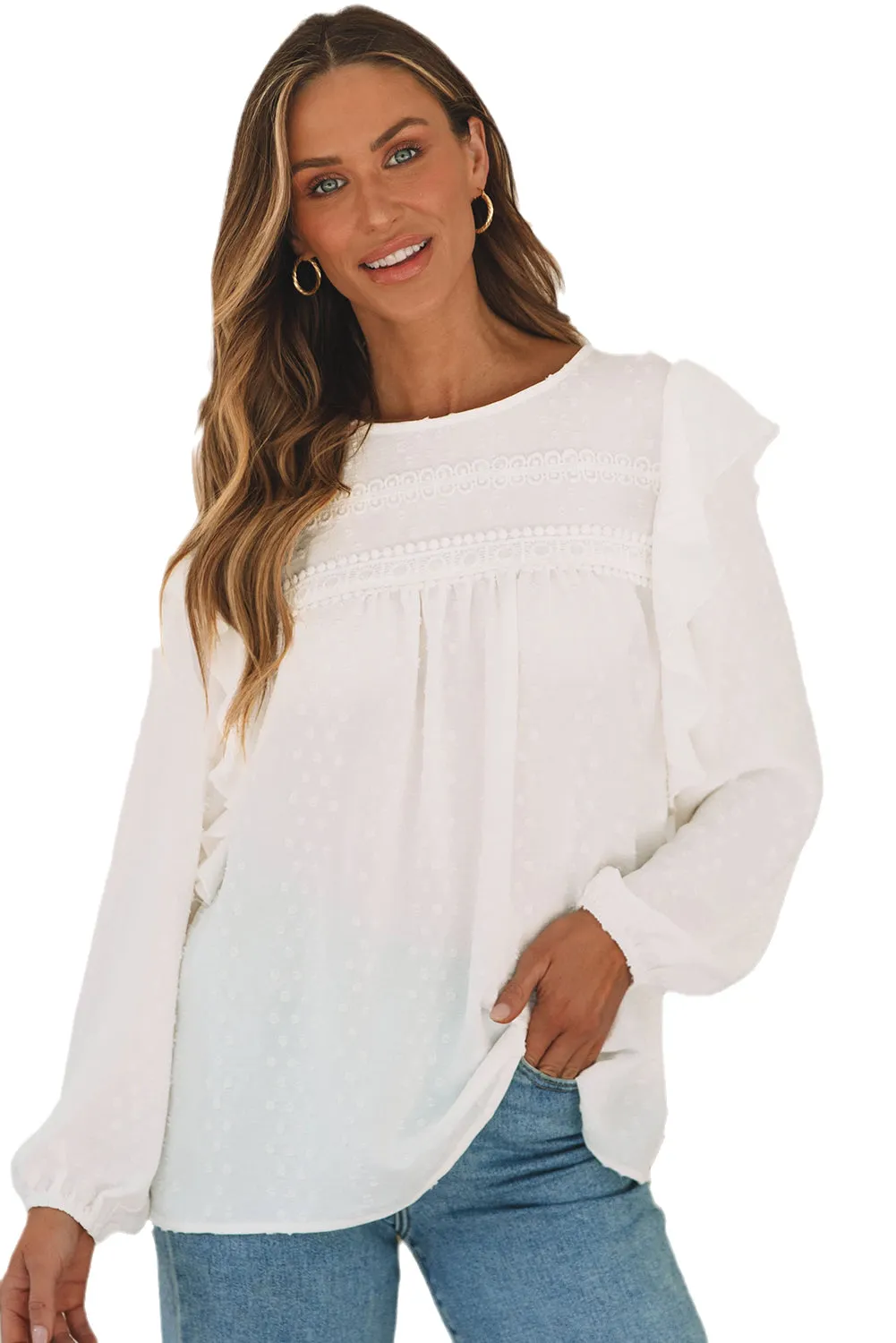 Black Lace Eyelet Ruffle Shoulder Long Sleeve Blouse
