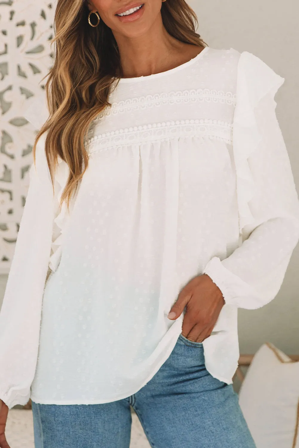 Black Lace Eyelet Ruffle Shoulder Long Sleeve Blouse
