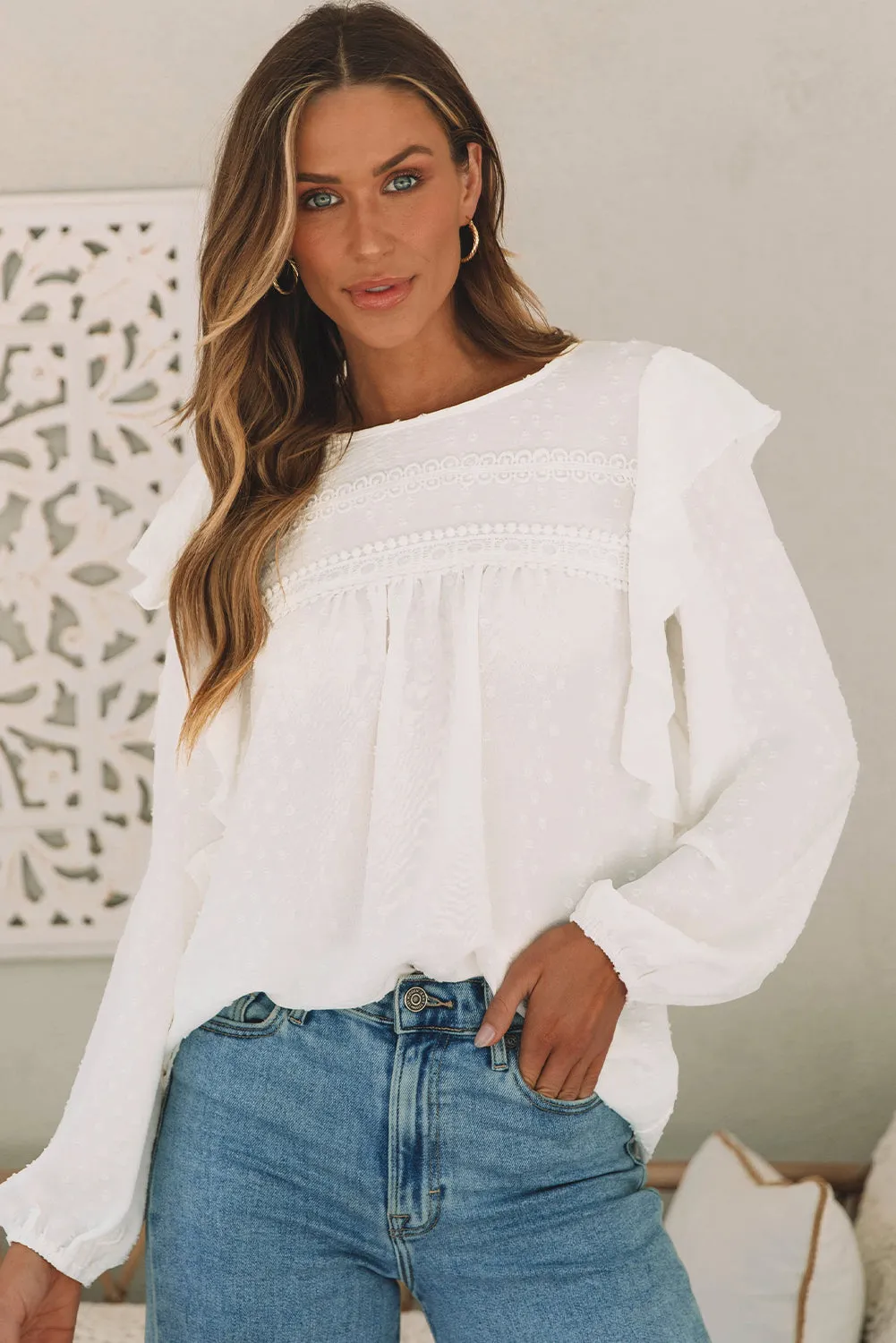 Black Lace Eyelet Ruffle Shoulder Long Sleeve Blouse