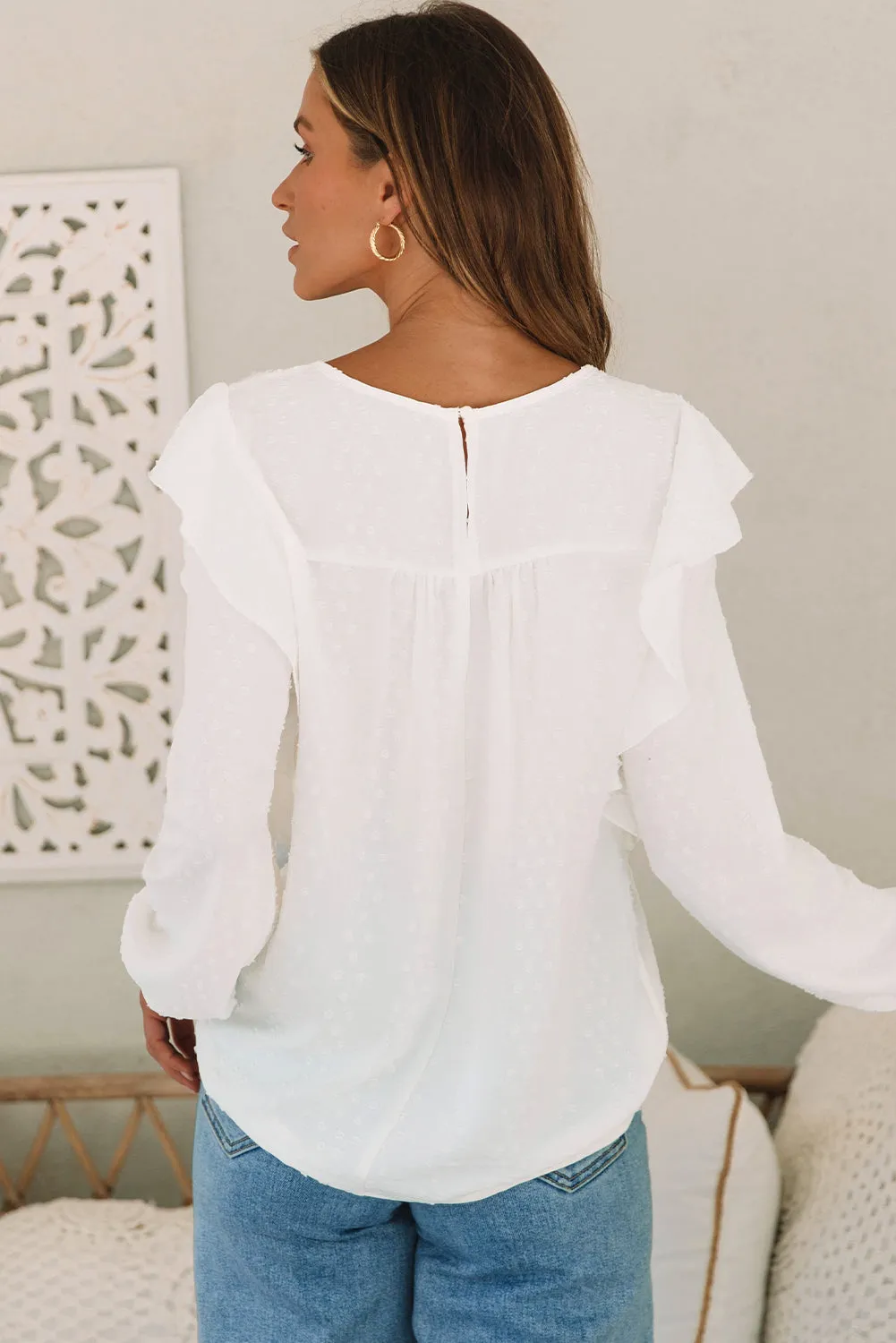 Black Lace Eyelet Ruffle Shoulder Long Sleeve Blouse