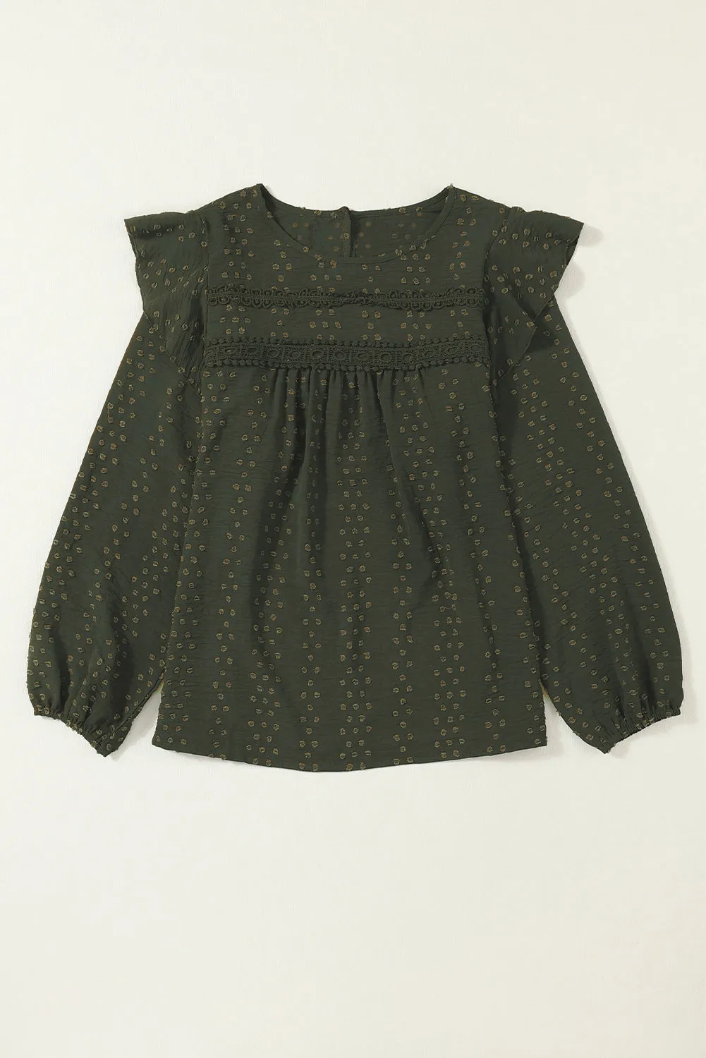 Black Lace Eyelet Ruffle Shoulder Long Sleeve Blouse
