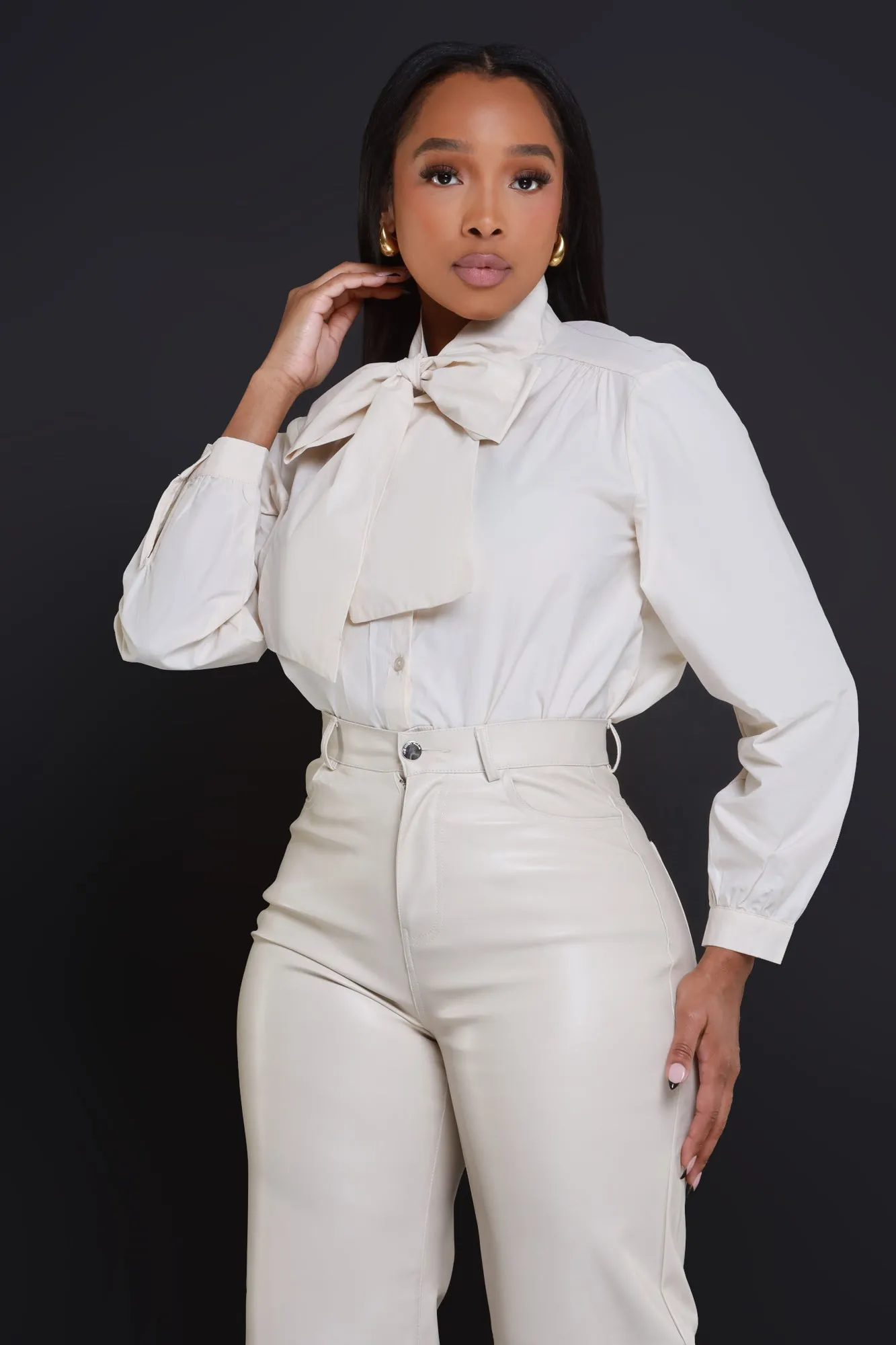 Boo Hoo Bow Tie Poplin Blouse - Cream