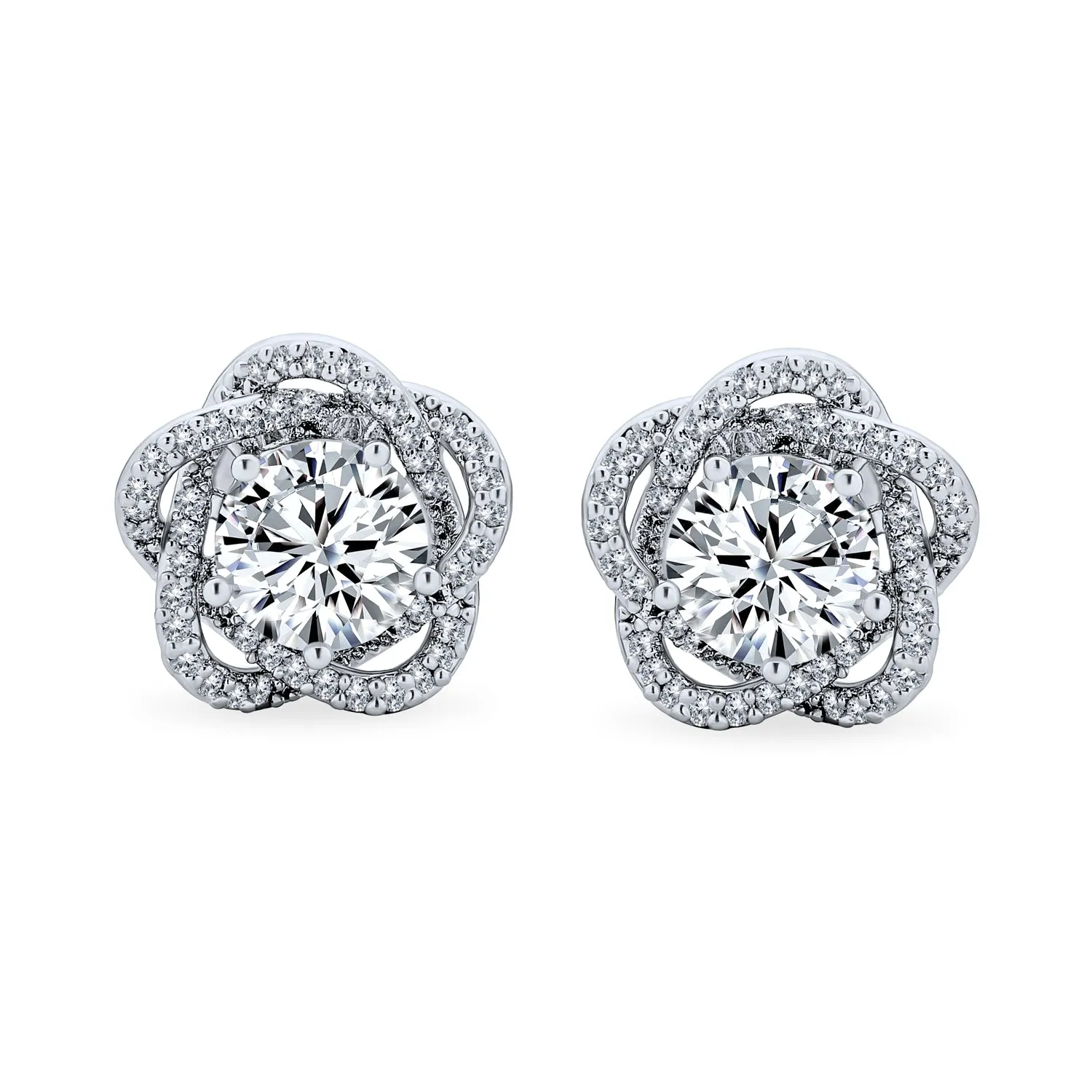 Bridal Rose CZ Flower Clip On Earrings Non Pierced Ears Silver Plated
