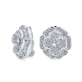 Bridal Rose CZ Flower Clip On Earrings Non Pierced Ears Silver Plated