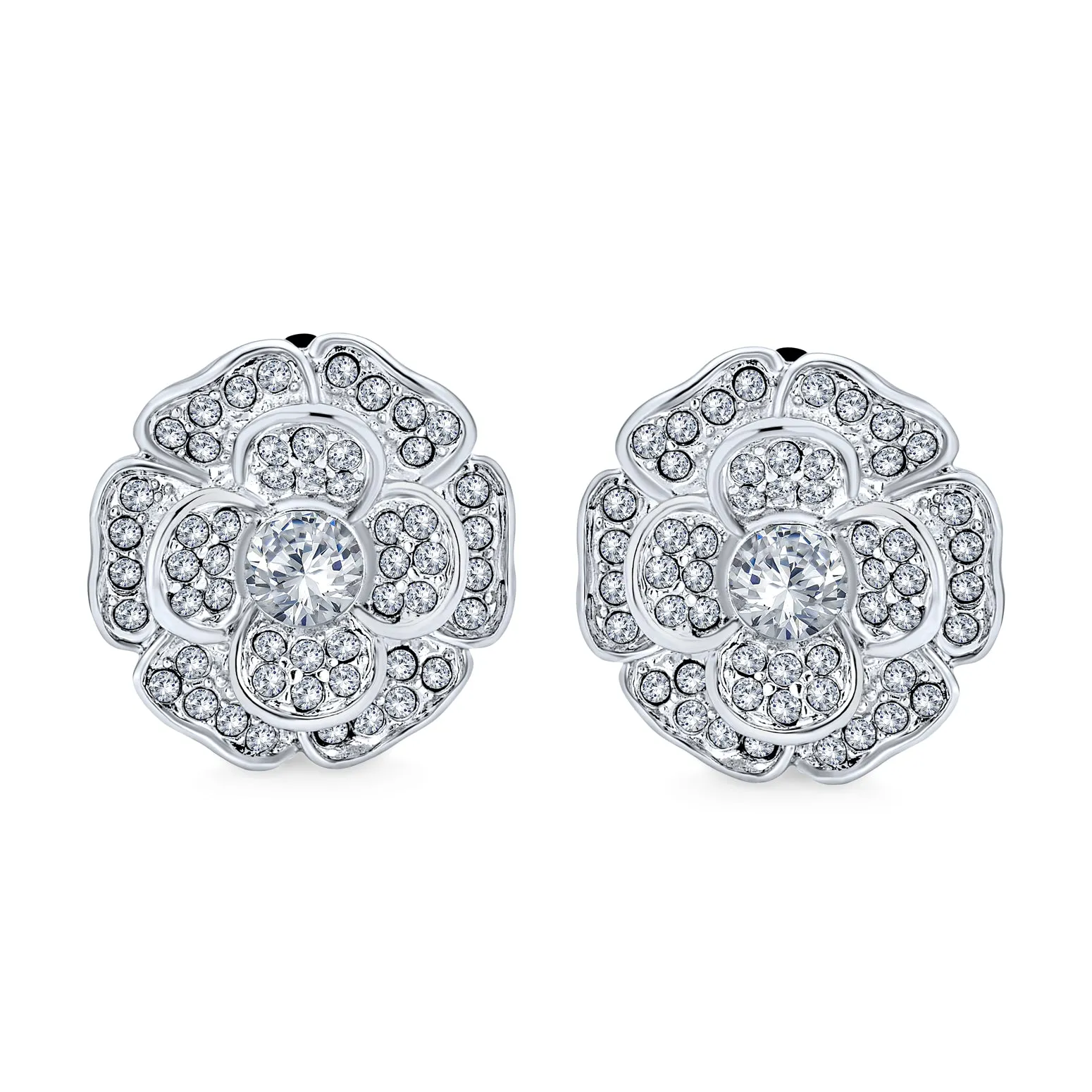 Bridal Rose CZ Flower Clip On Earrings Non Pierced Ears Silver Plated
