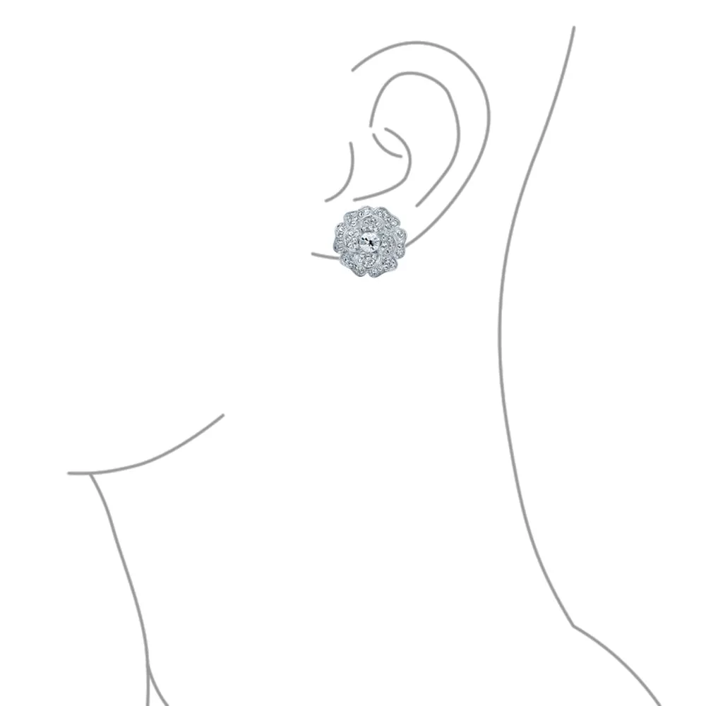 Bridal Rose CZ Flower Clip On Earrings Non Pierced Ears Silver Plated