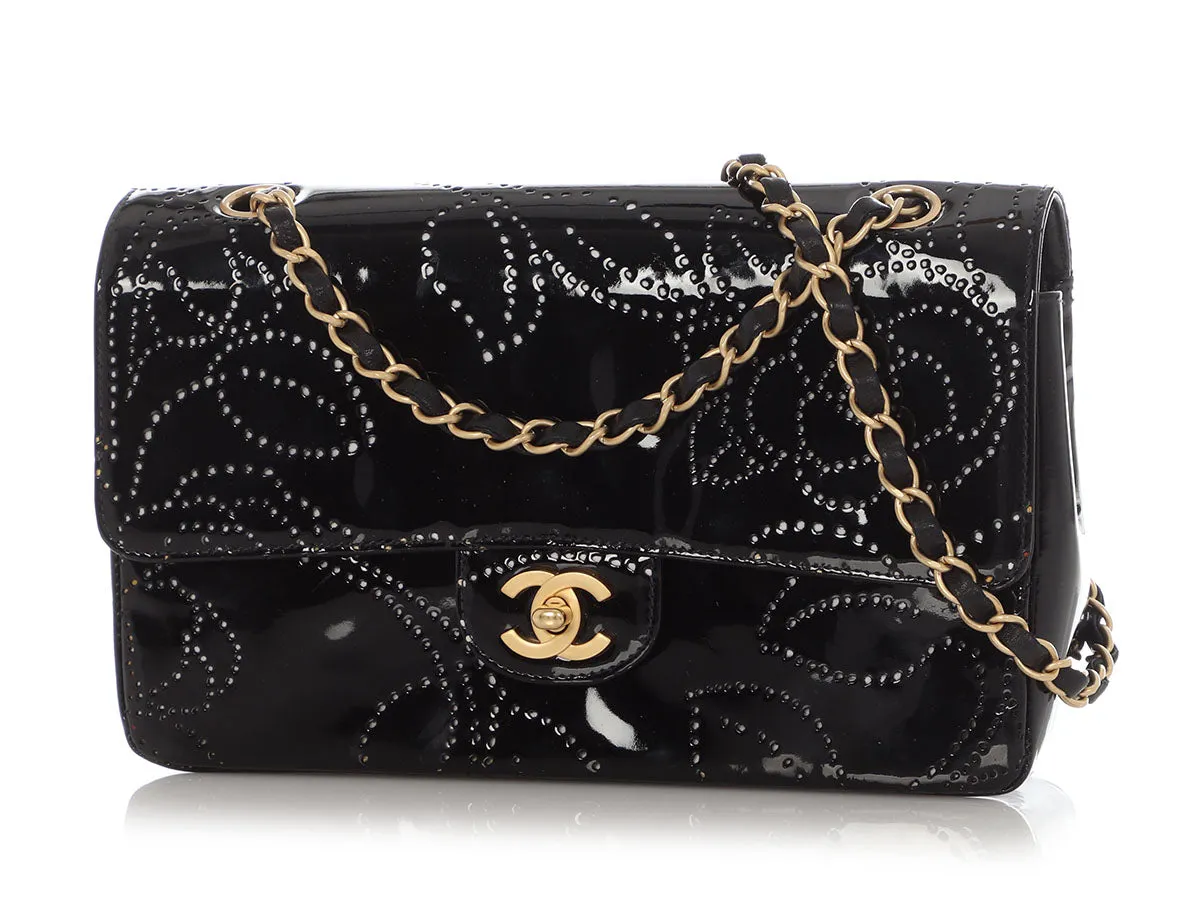 Chanel Vintage Black Perforated Patent Camellia Flap
